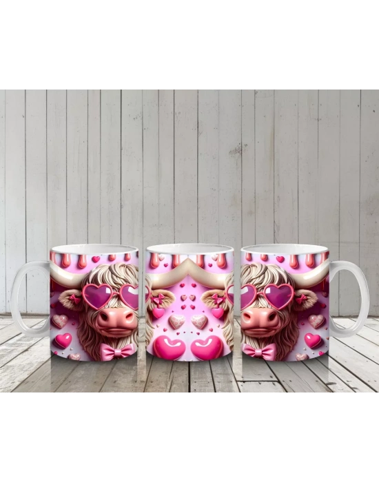 Sevimli Suratlı Kalpli Fonlu Pembe Buzağılar – Baskılı Kahve Kupası