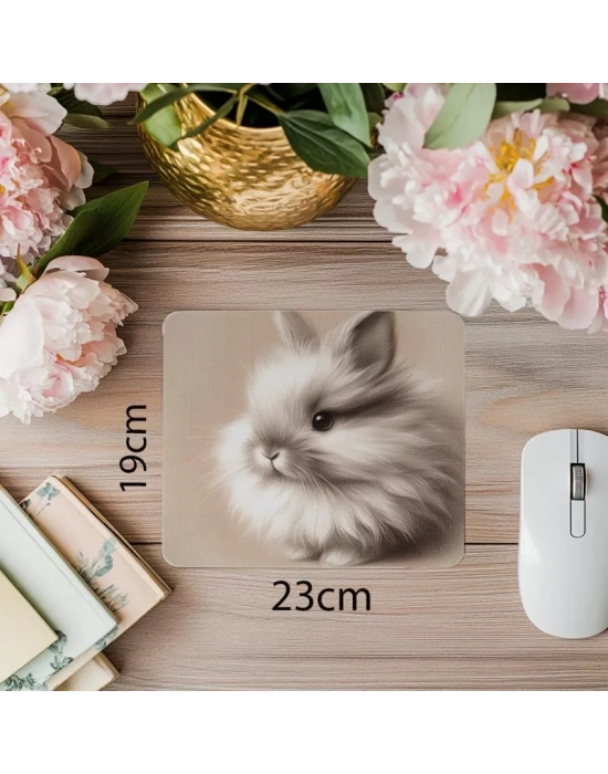 Sevimli Tavşan Çizimli Mousepad – Karakalem Etkili - 19x23 cm 2 mm Dikdörtgen İthal Baskılı Mouse Pad