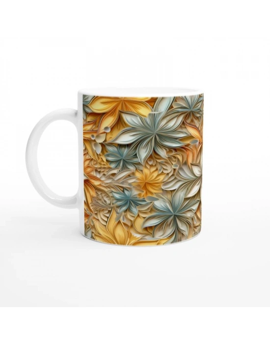 Sıcak Tonlarda Hareketli Çiçek Desenli Kupa Bardak