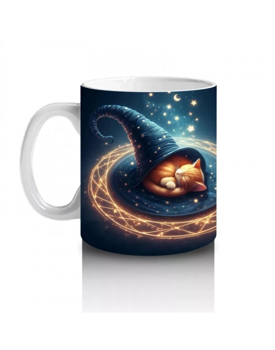 Sihirli Şapkalı Kedi Figürlü Işıltılı Halloween Baskılı Kupa