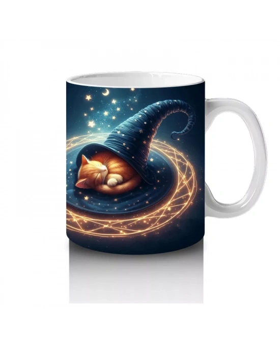 Sihirli Şapkalı Kedi Figürlü Işıltılı Halloween Baskılı Kupa