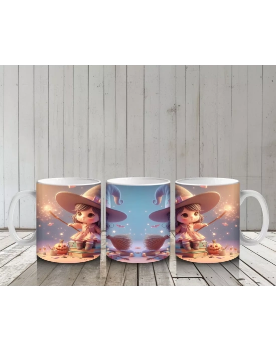 Sihirli Süpürgeli Tavşan Figürlü Sevimli Cadılar Bayramı Baskılı Kupa Bardak