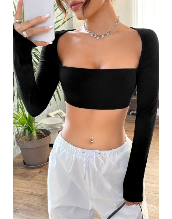 Kadın Siyah Uzun Kol Göğüs ve Sırt Dekolteli Crop Top Bluz