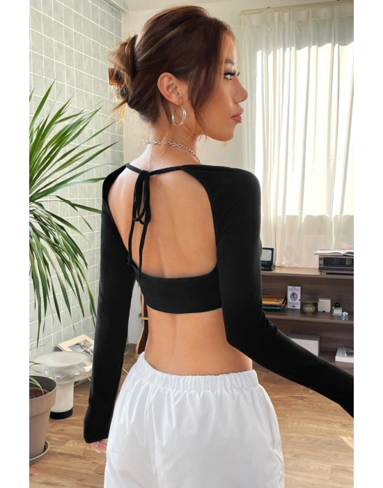 Kadın Siyah Uzun Kol Göğüs ve Sırt Dekolteli Crop Top Bluz