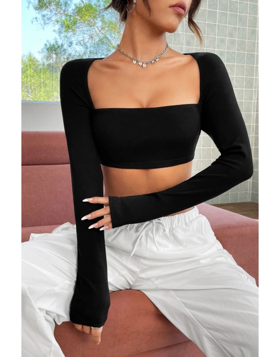 Kadın Siyah Uzun Kol Göğüs ve Sırt Dekolteli Crop Top Bluz
