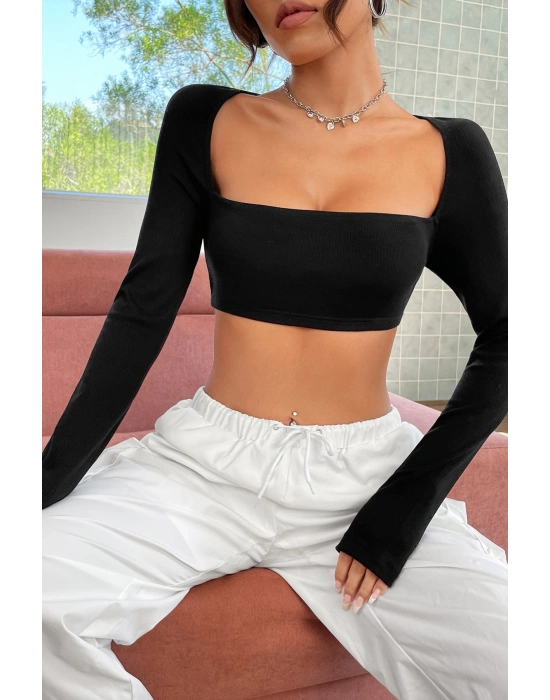 Kadın Siyah Uzun Kol Göğüs ve Sırt Dekolteli Crop Top Bluz