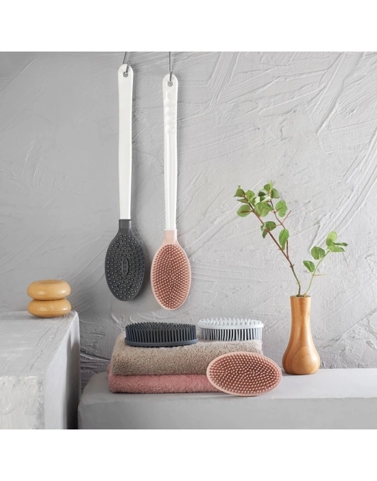 ®  Silikon Masajlı Uzun Saplı Vücut Masaj Fırçası Banyo Sırt Kesesi Saplı Yumuşak Fırça