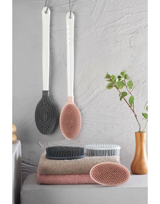 ®  Silikon Masajlı Uzun Saplı Vücut Masaj Fırçası Banyo Sırt Kesesi Saplı Yumuşak Fırça