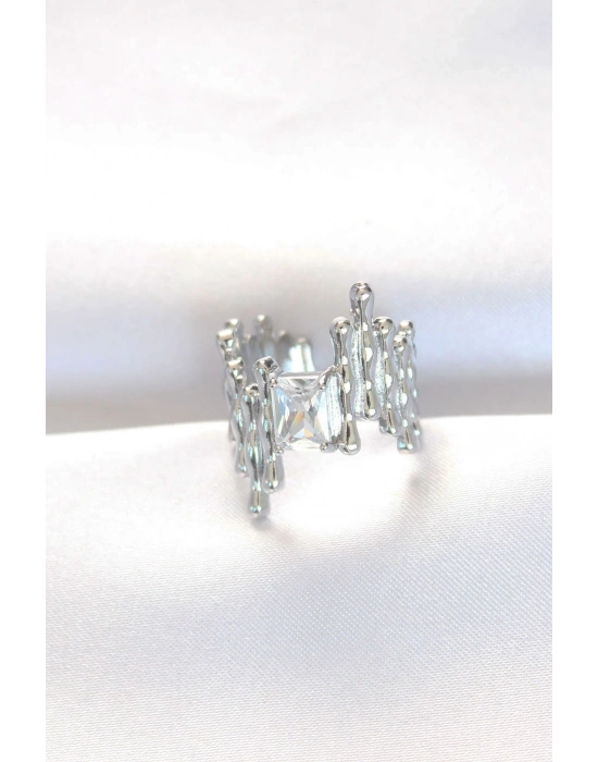 ® Silver Renk Tırtıklı Kalın Baget Taş Tasarım Ayarlanabilir Yüzük