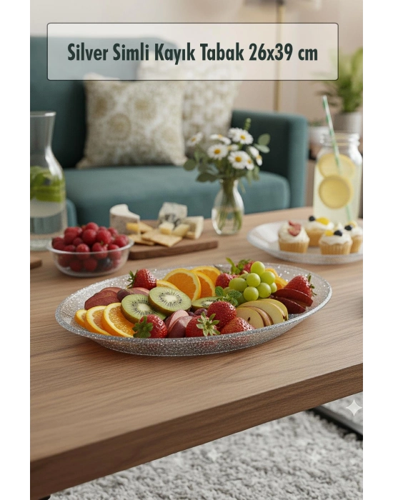 Silver Simli Büyük Kayık Tabak Sunum & Servis Tabağı - 26,5 x 39,5 cm