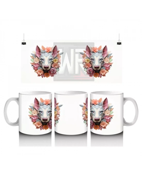 Simetrik Çiçekli Fon Üzerinde İkiz Köpek Figürleri – Baskılı Kahve Kupası