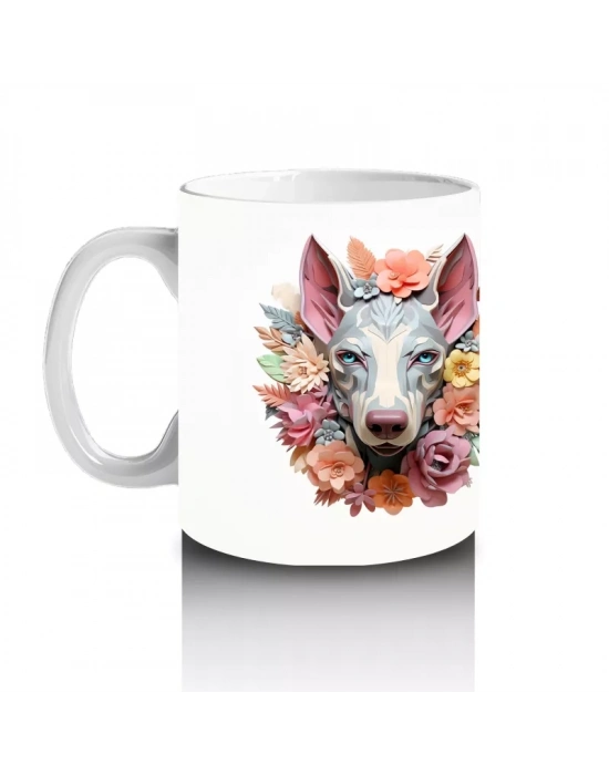 Simetrik Çiçekli Fon Üzerinde İkiz Köpek Figürleri – Baskılı Kahve Kupası