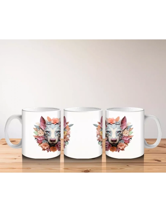 Simetrik Çiçekli Fon Üzerinde İkiz Köpek Figürleri – Baskılı Kahve Kupası