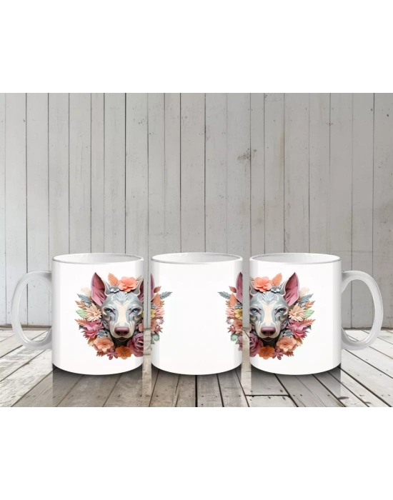 Simetrik Çiçekli Fon Üzerinde İkiz Köpek Figürleri – Baskılı Kahve Kupası