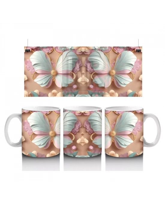 Simetrik Pastel Renkli Kelebekler - Baskılı Kahve Kupası