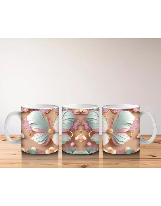 Simetrik Pastel Renkli Kelebekler - Baskılı Kahve Kupası