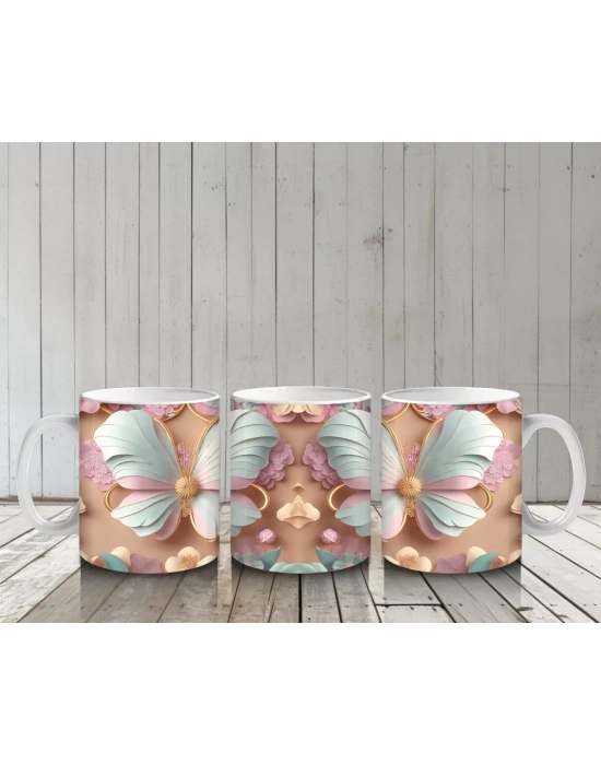 Simetrik Pastel Renkli Kelebekler - Baskılı Kahve Kupası