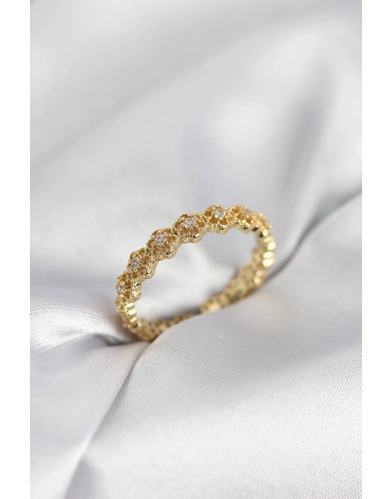 ® Sıralı Çiçek Model Gold Renk Zirkon Taşlı Kadın Yüzük