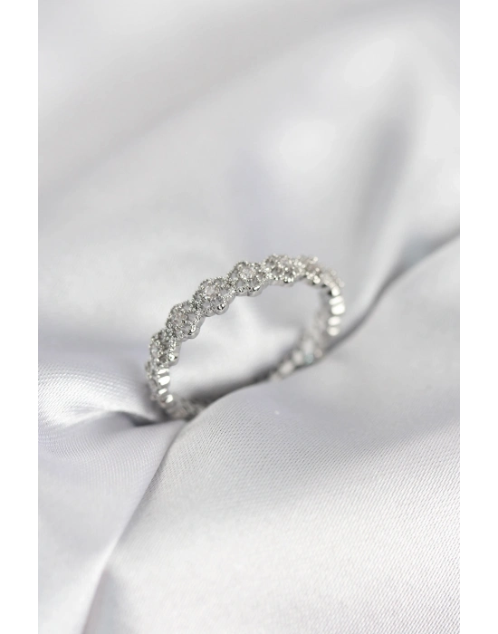 ® Sıralı Çiçek Model Gümüş Renk Zirkon Taşlı Kadın Yüzük