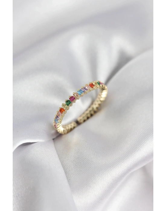 ® Sıralı Karışık Renkli Gold Renk Zirkon Taşlı Kadın Yüzük