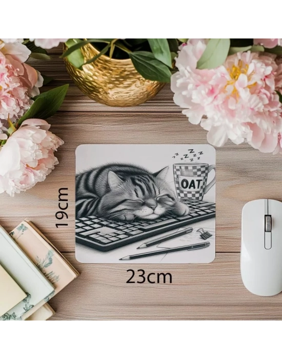 Şirin Uyuyan Kedi Tasarımı – El Çizimi - 19x23 cm 2 mm Dikdörtgen İthal Baskılı Mouse Pad