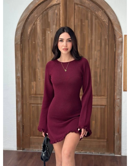 Sırt Pencereli Mini Triko Elbise - Bordo