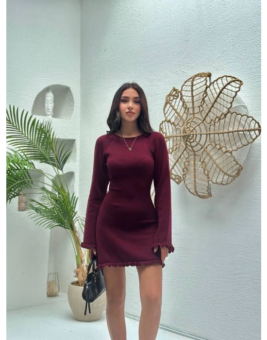 Sırt Pencereli Mini Triko Elbise - Bordo