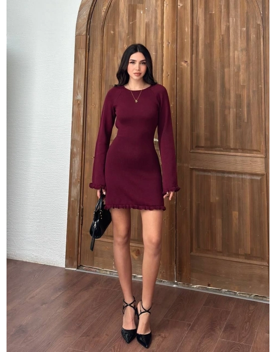 Sırt Pencereli Mini Triko Elbise - Bordo