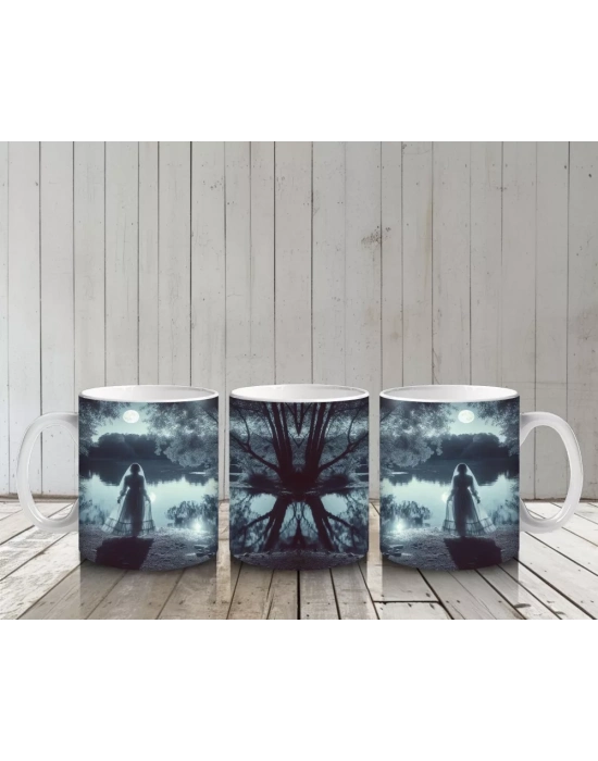 Sisli Mezarlıkta Kara Pelerinli Silüet Figürlü Gotik Cadılar Bayramı Baskılı Kupa Bardak