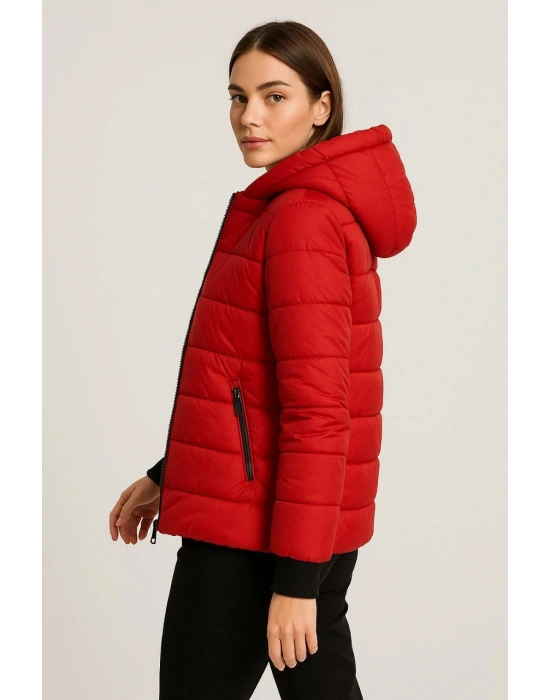 Şişme Kapüşonlu Fermuarlı Mont Su itici Kapitone Astarlı Kumaş Cepli Kışlık Rahat Kalıp - Kırmızı