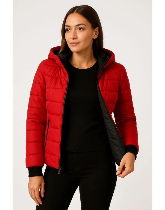 Şişme Kapüşonlu Fermuarlı Mont Su itici Kapitone Astarlı Kumaş Cepli Kışlık Rahat Kalıp - Kırmızı