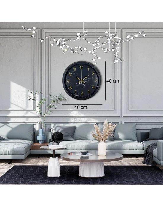 Siyah 40 Cm Mermer Desenli Metal Duvar Saati