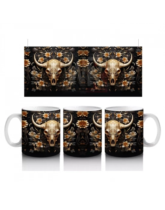 Siyah Arka Plan Üzerinde Altın Mandala Motifli Boğa Figürü - Baskılı kahve kupası