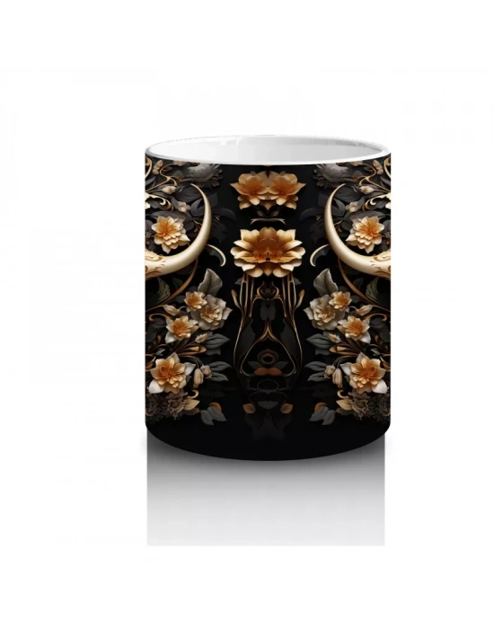 Siyah Arka Plan Üzerinde Altın Mandala Motifli Boğa Figürü - Baskılı kahve kupası