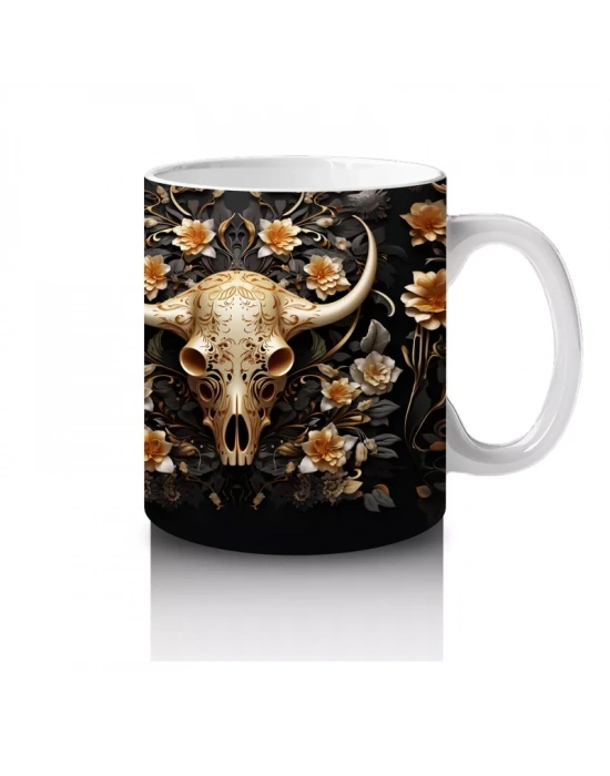 Siyah Arka Plan Üzerinde Altın Mandala Motifli Boğa Figürü - Baskılı kahve kupası