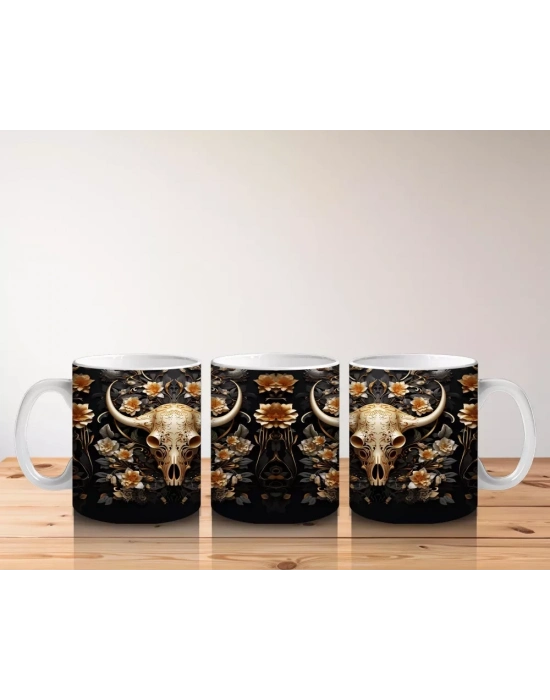 Siyah Arka Plan Üzerinde Altın Mandala Motifli Boğa Figürü - Baskılı kahve kupası