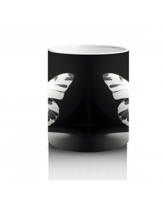 Siyah Beyaz Işıltılı Kelebek Silueti – Baskılı Kahve Kupası