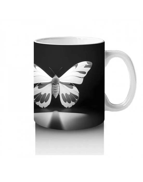 Siyah Beyaz Işıltılı Kelebek Silueti – Baskılı Kahve Kupası