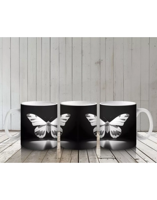 Siyah Beyaz Işıltılı Kelebek Silueti – Baskılı Kahve Kupası