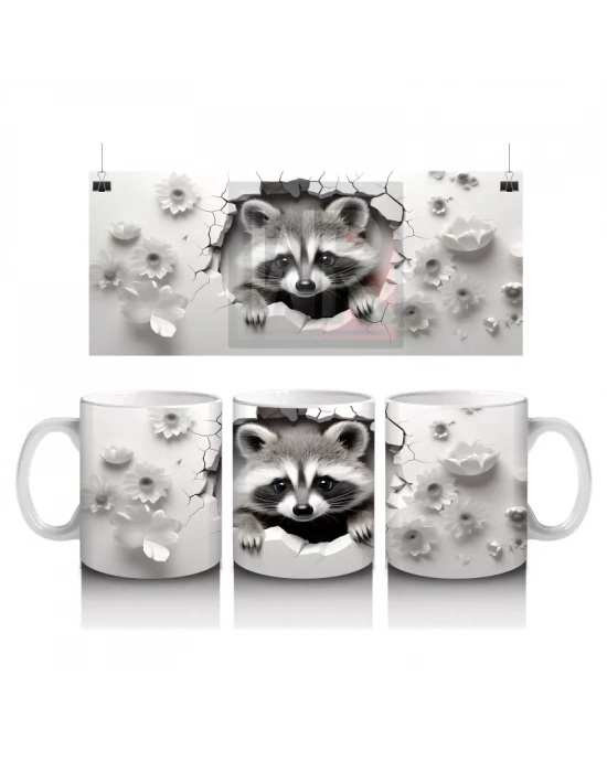 Siyah Beyaz Rakun Figürü Çatlak Duvar Temasıyla - Baskılı kahve kupası