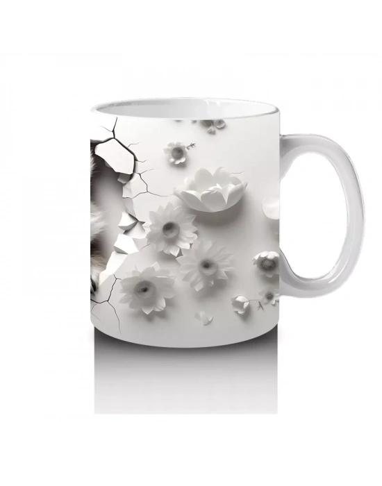 Siyah Beyaz Rakun Figürü Çatlak Duvar Temasıyla - Baskılı kahve kupası