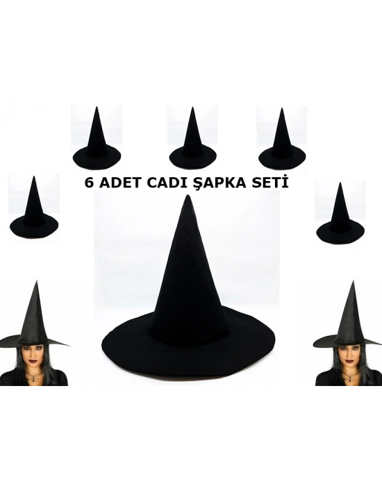 Siyah Cadı Şapkası Keçe Yetişkin Boy 6 Adet