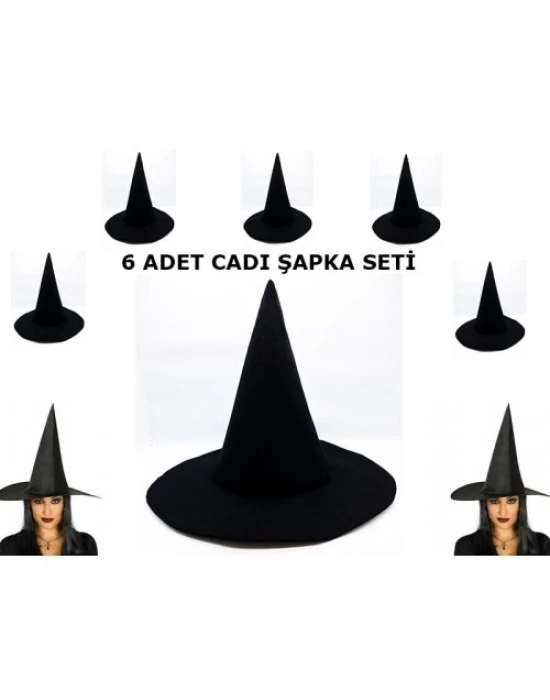 Siyah Cadı Şapkası Keçe Yetişkin Boy 6 Adet