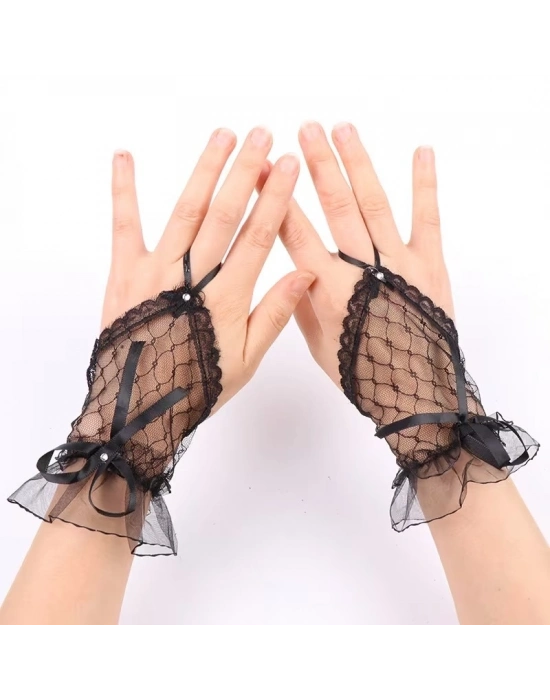 Siyah Dantel Fiyonklu Parmak Halkalı Kadın Eldiveni