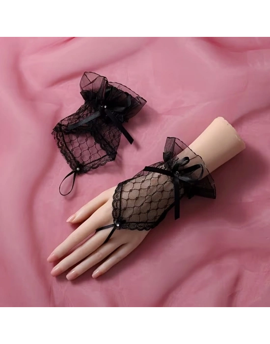 Siyah Dantel Fiyonklu Parmak Halkalı Kadın Eldiveni