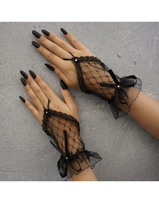 Siyah Dantel Fiyonklu Parmak Halkalı Kadın Eldiveni