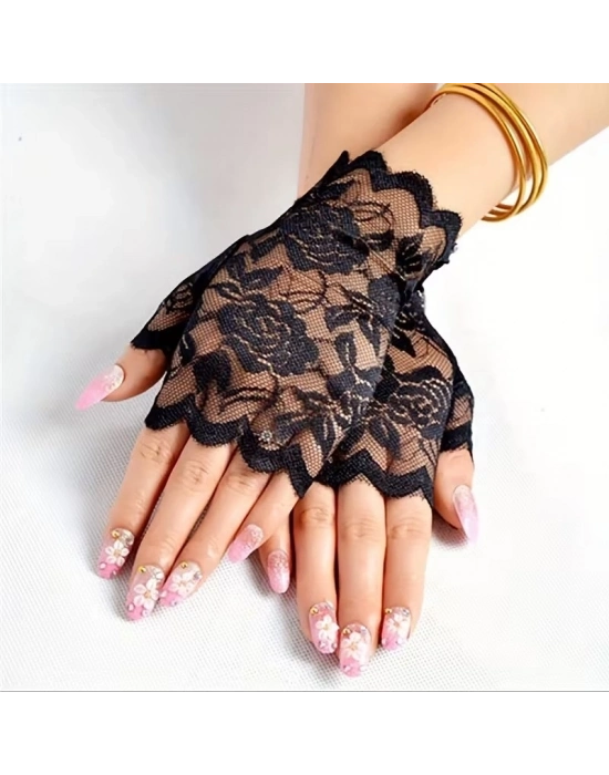 Siyah Dantel Parmaksız Kısa Eldiven