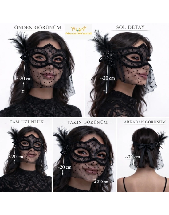 Siyah Dantel Tüllü Peçeli Parti Maskesi