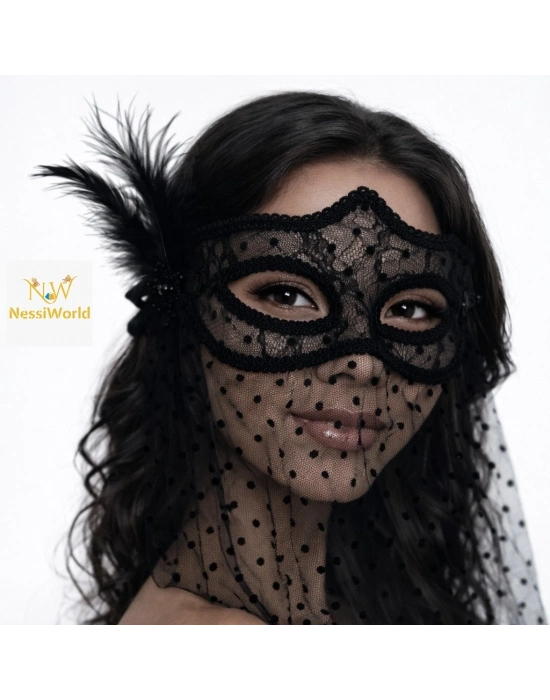 Siyah Dantel Tüllü Peçeli Parti Maskesi