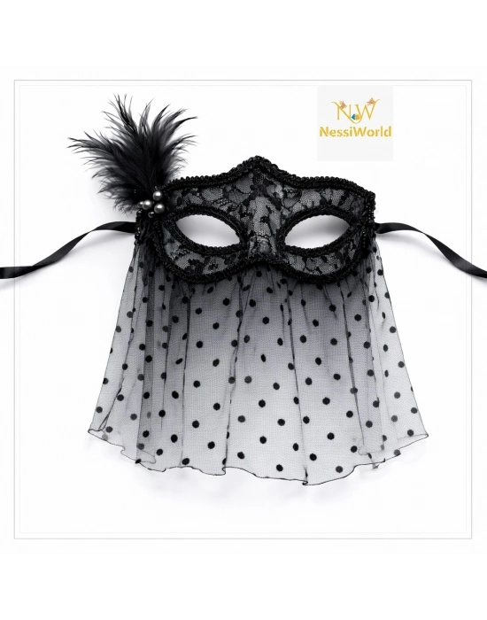 Siyah Dantel Tüllü Peçeli Parti Maskesi
